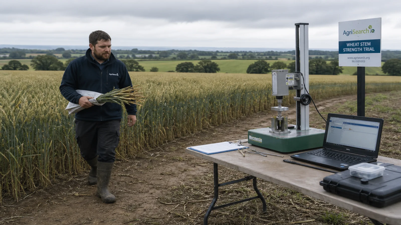 UK plant stem strength testing context illustrating: CRO field trials wheat stem strength force gauge UK