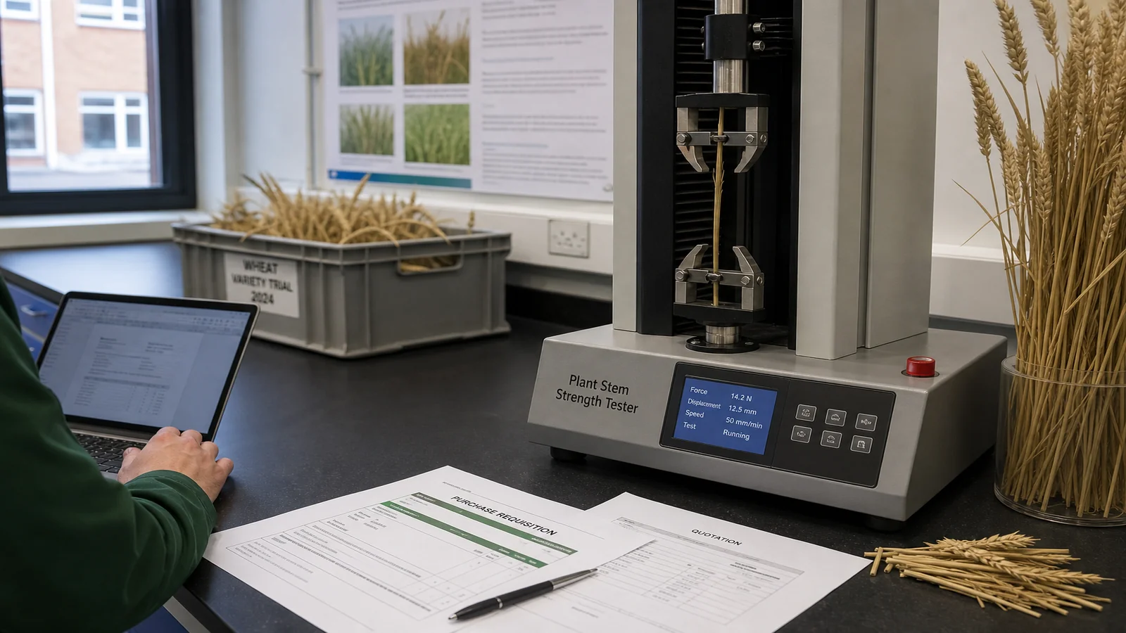UK plant stem strength testing context illustrating: VAT invoice plant stem strength tester university UK