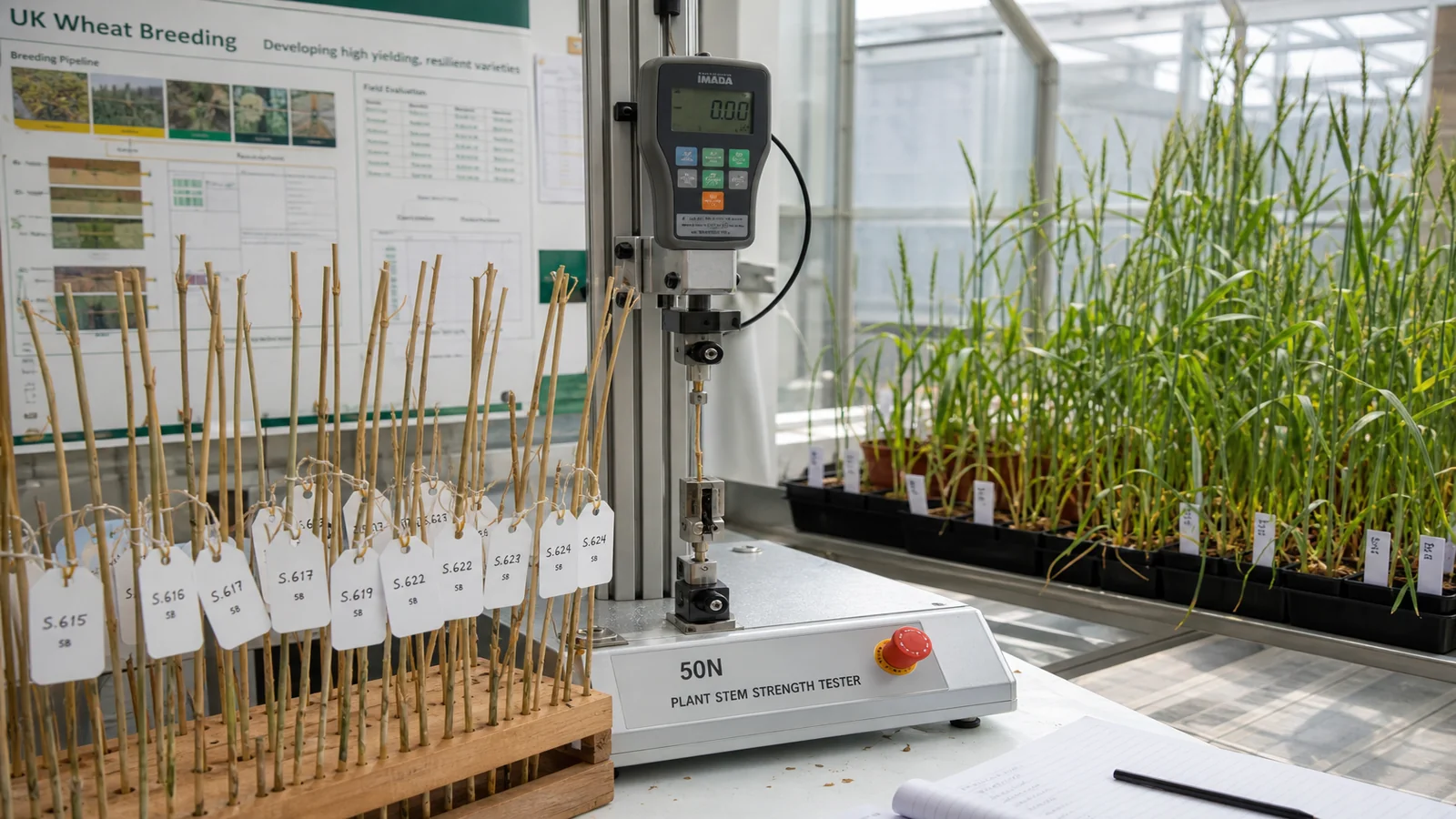 UK plant stem strength testing context illustrating: wheat stem strength phenotyping meter breeding UK